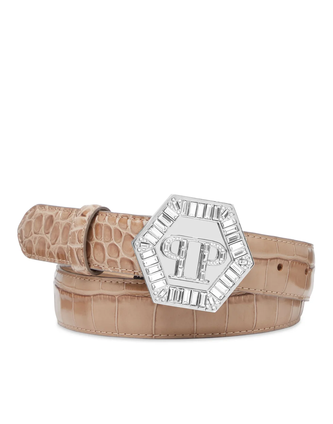 Leather Cocco Print  Belt Hexagon with Crystals, цвет: Бежевый