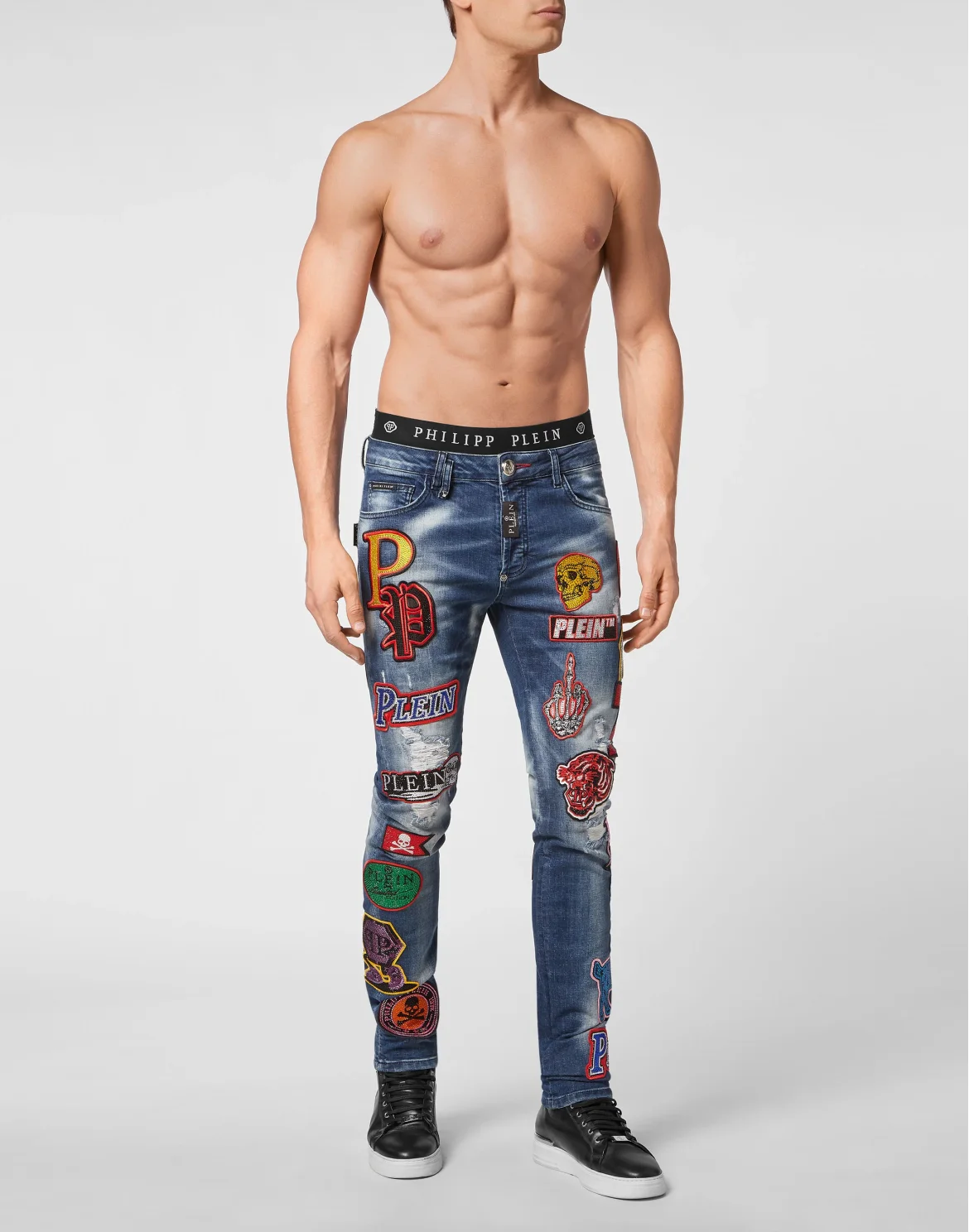 Denim Trousers Super Straight Cut Patches, цвет: Синий