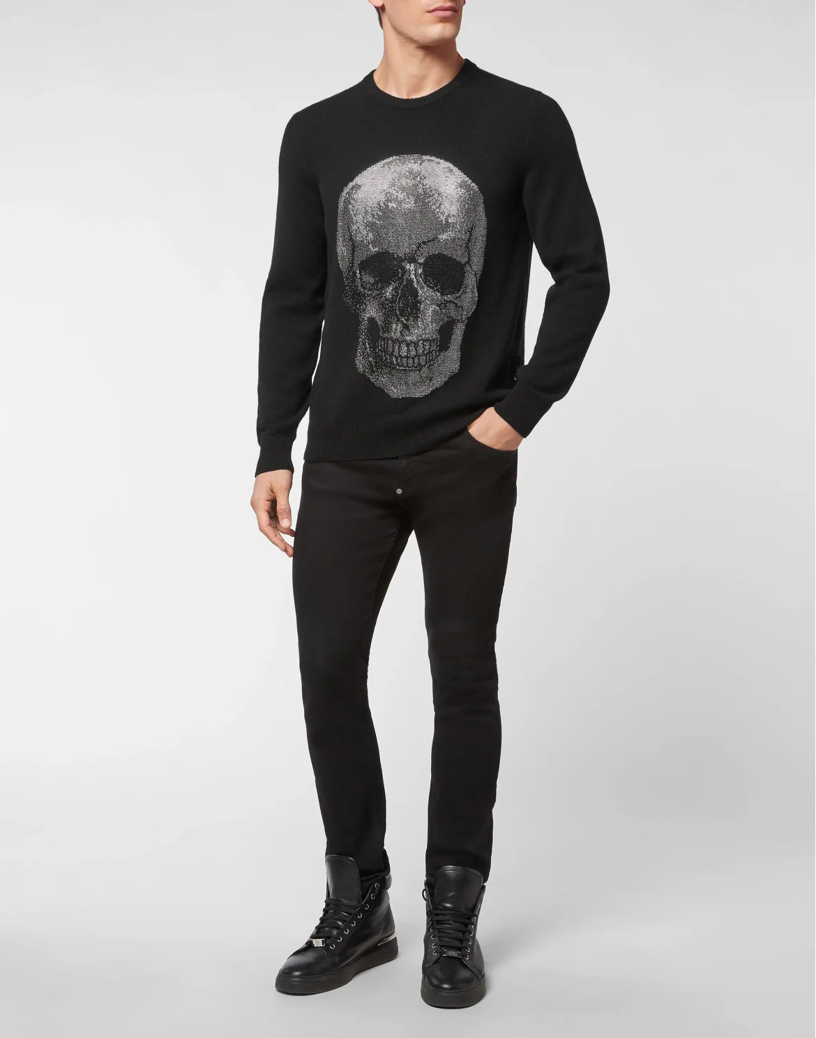 Cashmere Pullover Round Neck LS Iconic Plein with Crystals, цвет: Черный