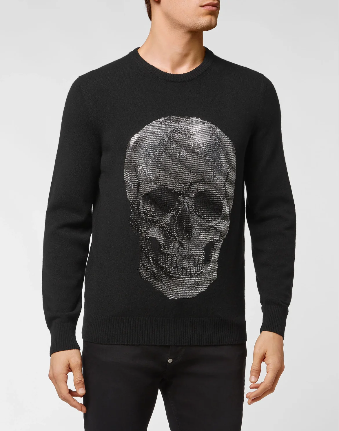 Cashmere Pullover Round Neck LS Iconic Plein with Crystals, цвет: Черный
