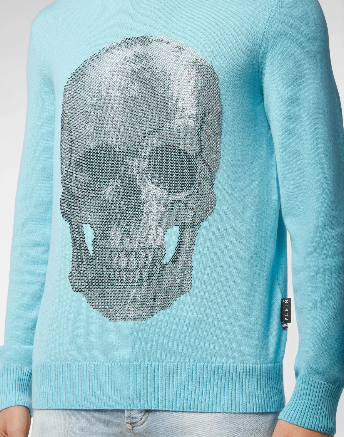 Cashmere Pullover Round Neck LS Iconic Plein with Crystals, цвет: Голубой