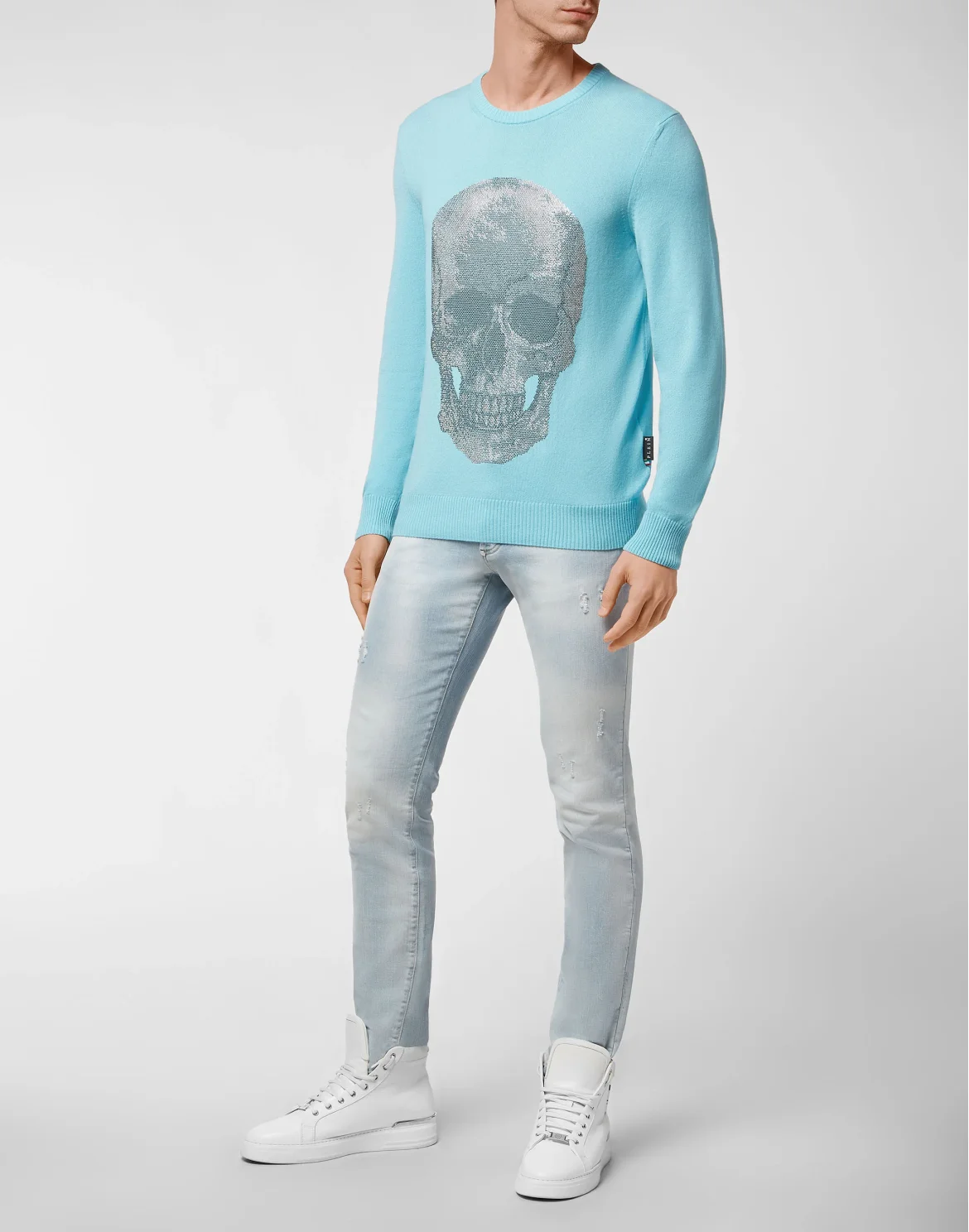 Cashmere Pullover Round Neck LS Iconic Plein with Crystals, цвет: Голубой