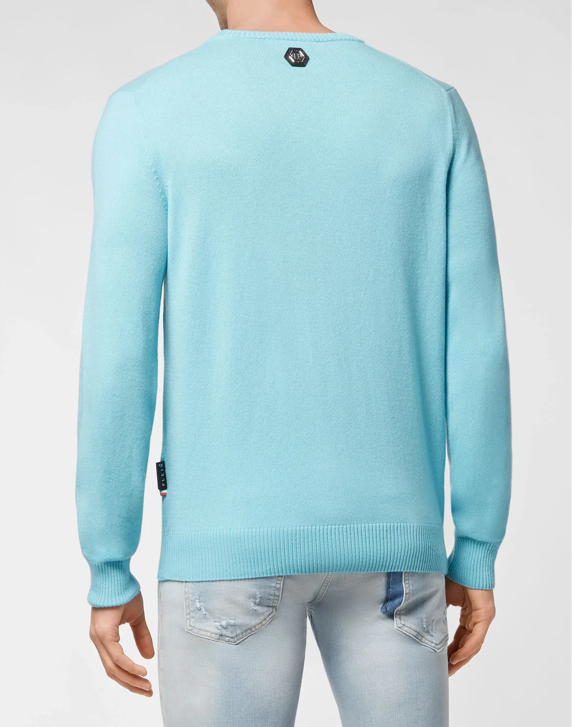Cashmere Pullover Round Neck LS Iconic Plein with Crystals, цвет: Голубой