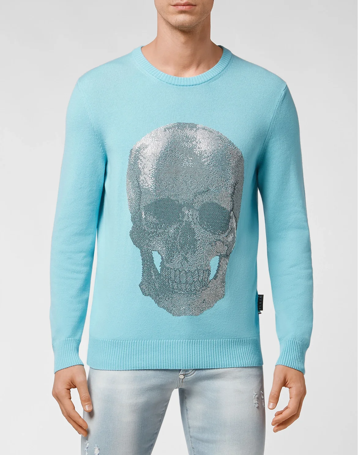 Cashmere Pullover Round Neck LS Iconic Plein with Crystals, цвет: Голубой
