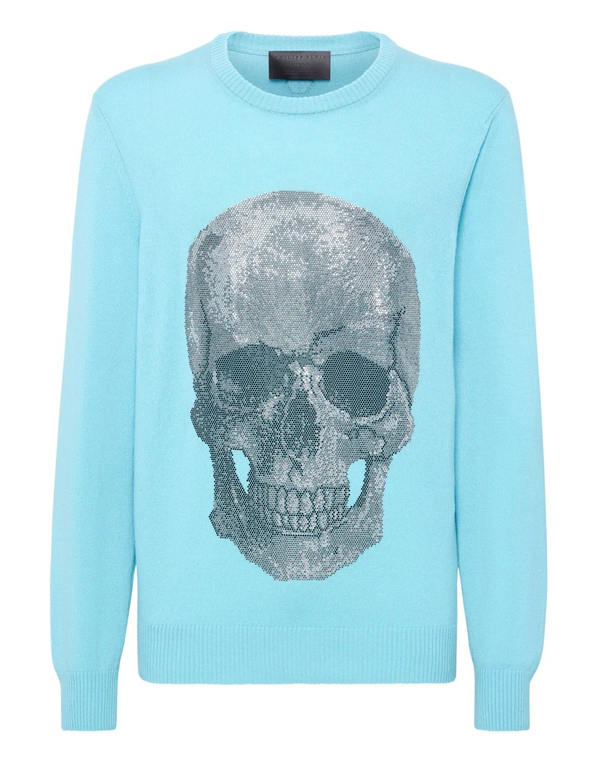 Cashmere Pullover Round Neck LS Iconic Plein with Crystals, цвет: Голубой
