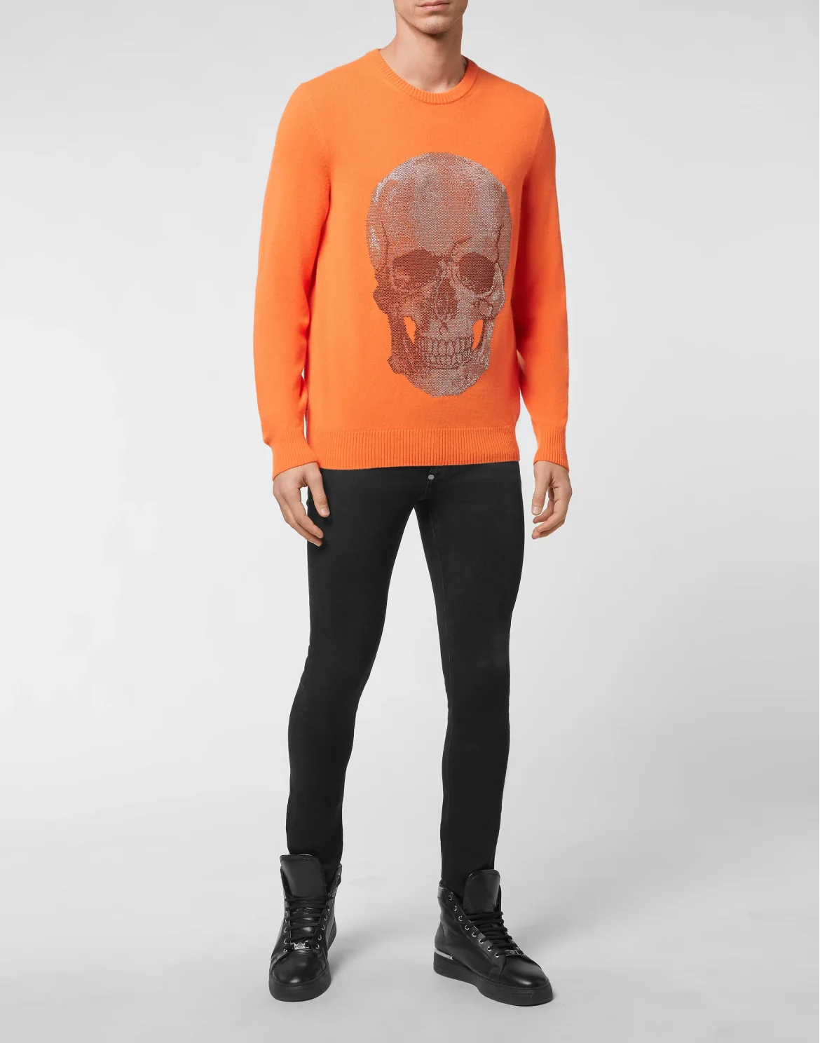 Cashmere Pullover Round Neck LS Iconic Plein with Crystals, цвет: Оранжевый