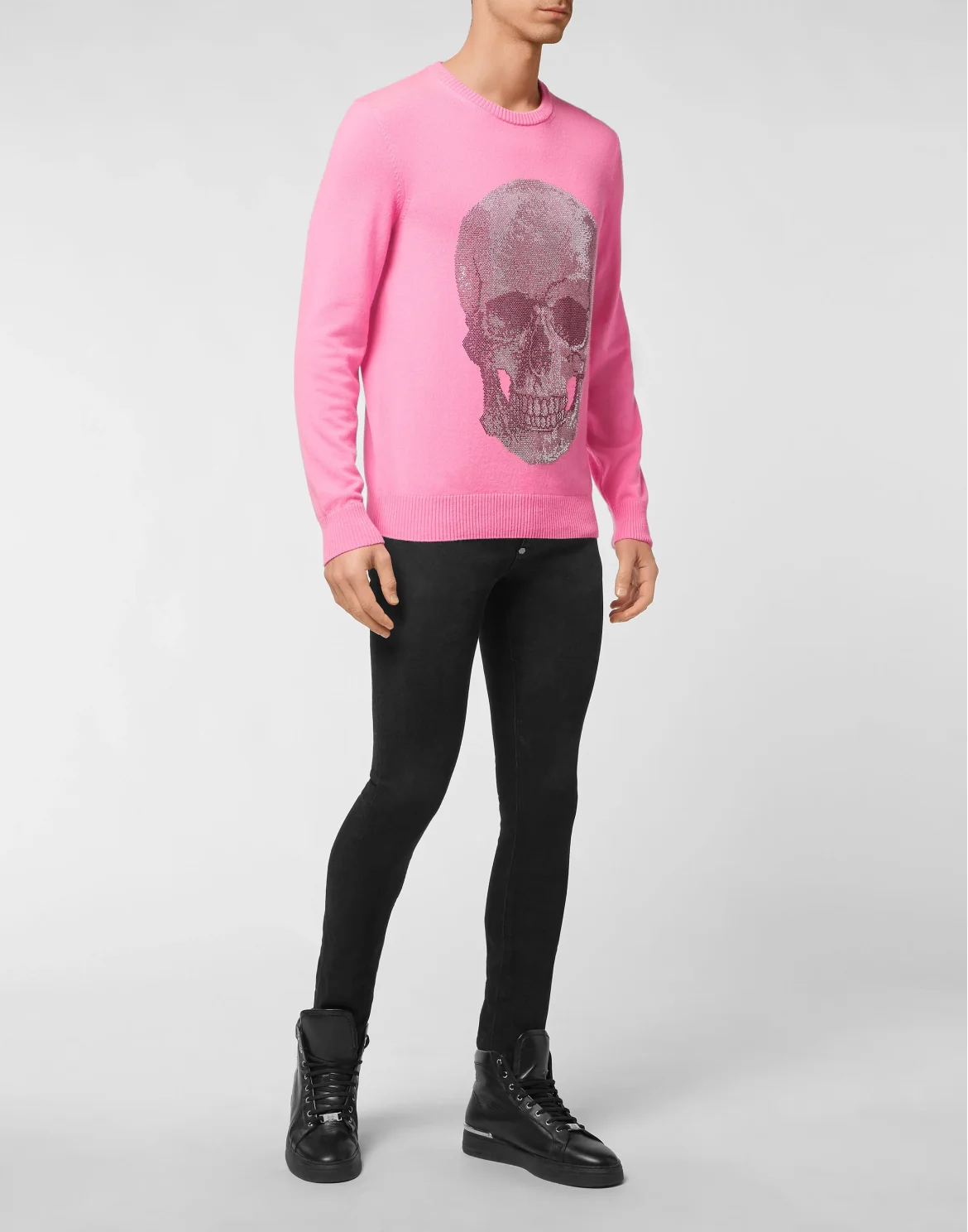 Cashmere Pullover Round Neck LS Iconic Plein with Crystals, цвет: Розовый