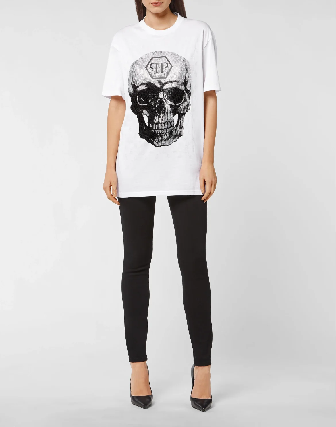 T-shirt Round Neck SS Skull and Plein with Crystals, цвет: Белый