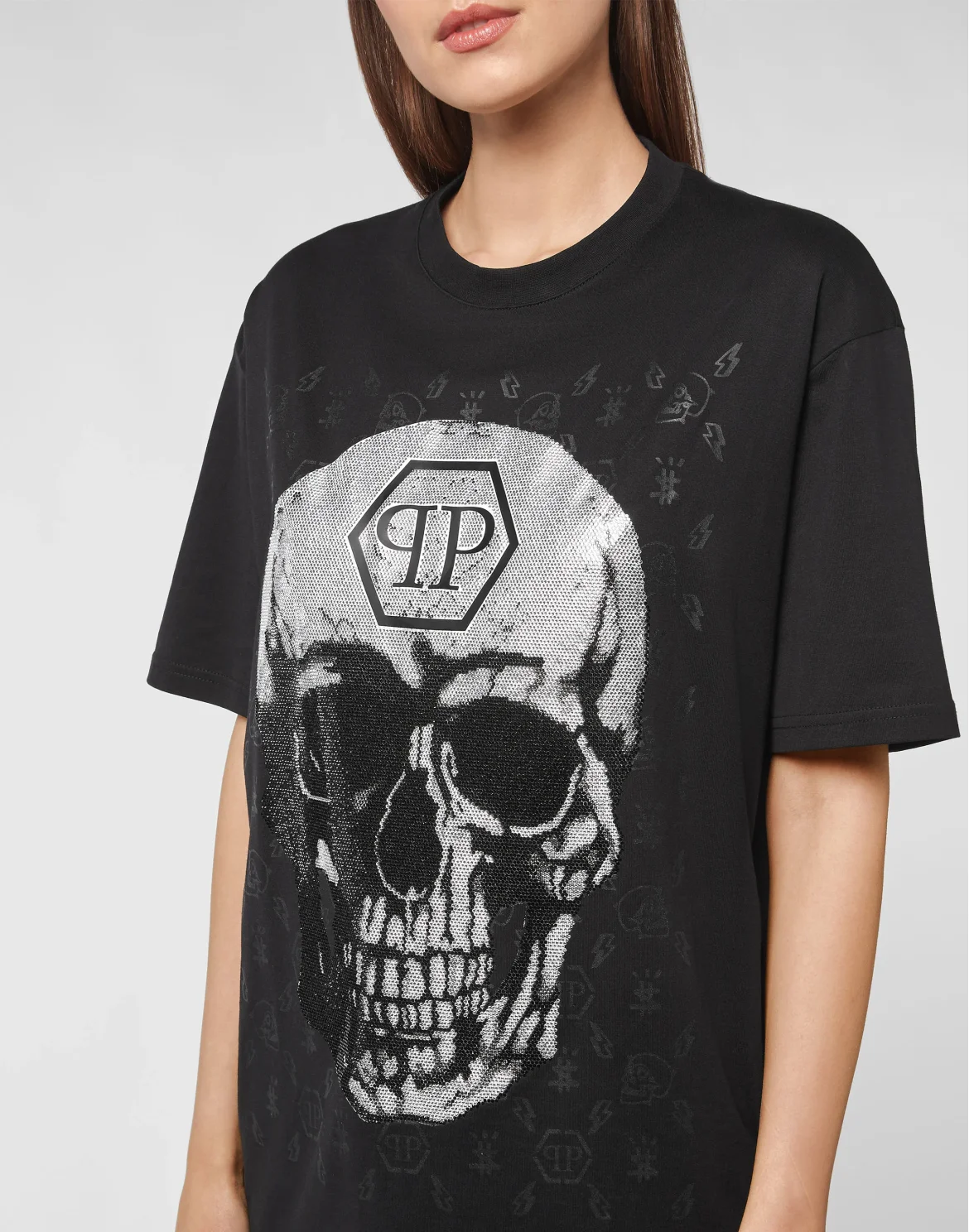 T-shirt Round Neck SS Skull and Plein with Crystals, цвет: Черный