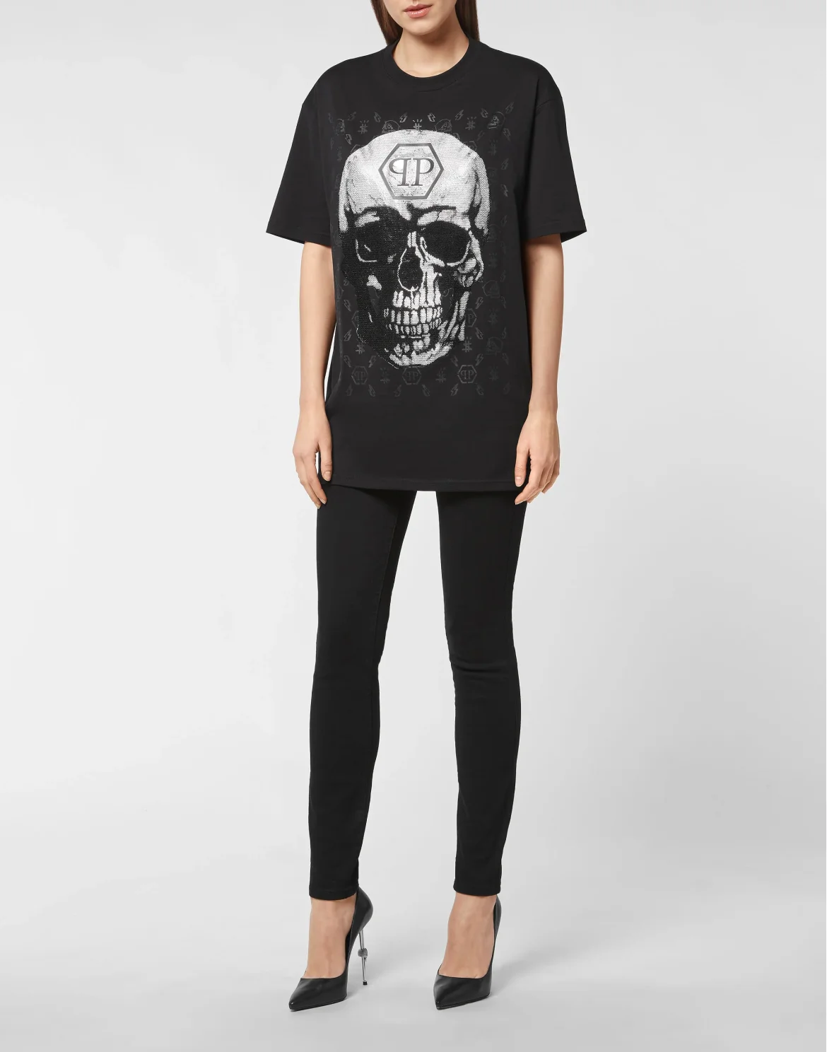T-shirt Round Neck SS Skull and Plein with Crystals, цвет: Черный