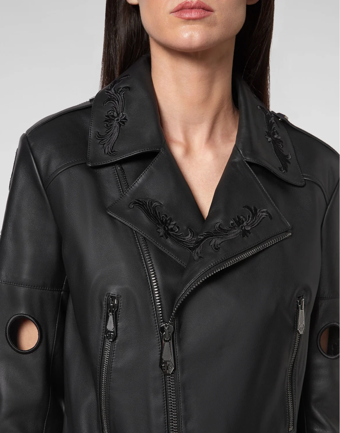 Crop Leather Biker Jacket Baroque, цвет: Черный