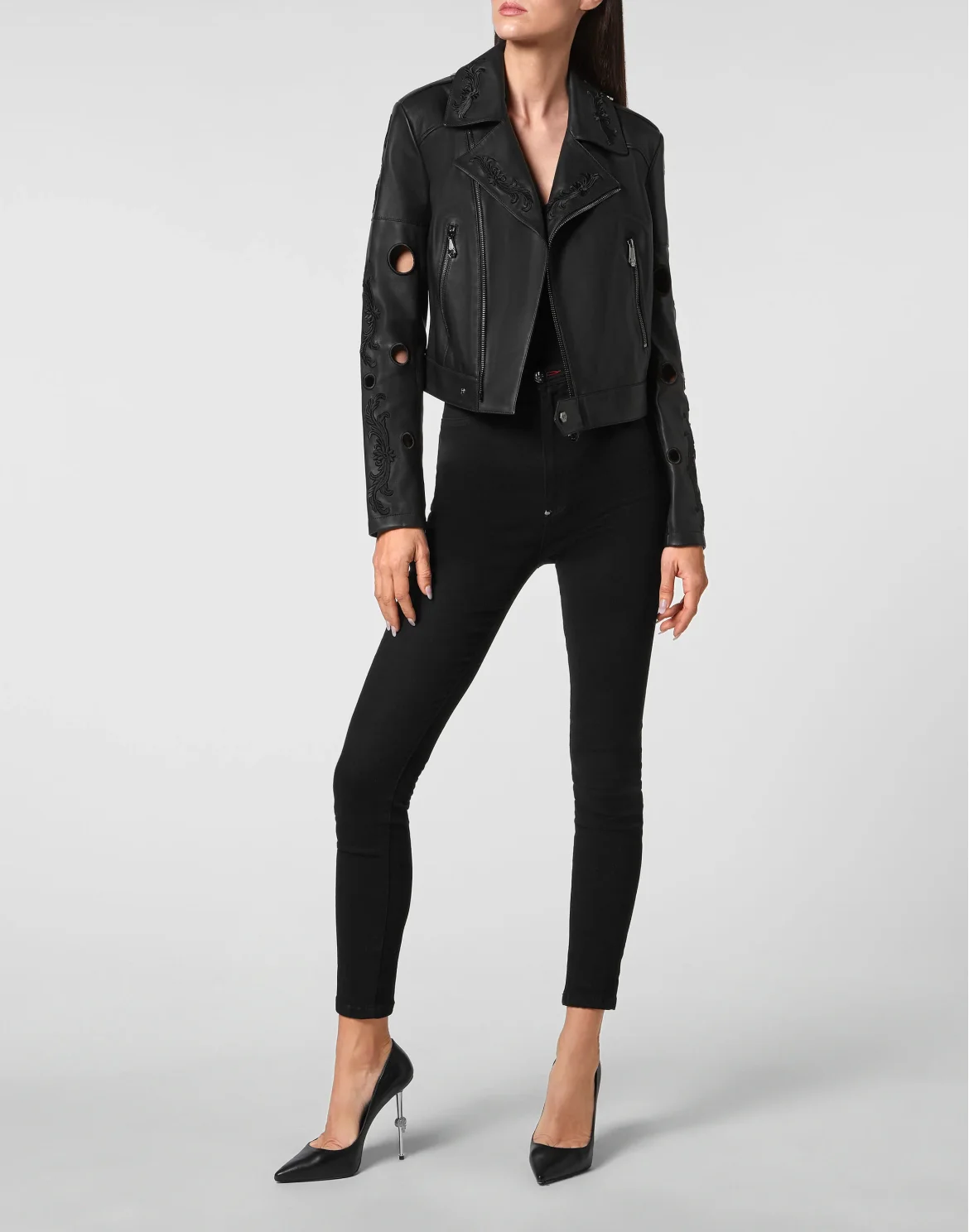 Crop Leather Biker Jacket Baroque, цвет: Черный