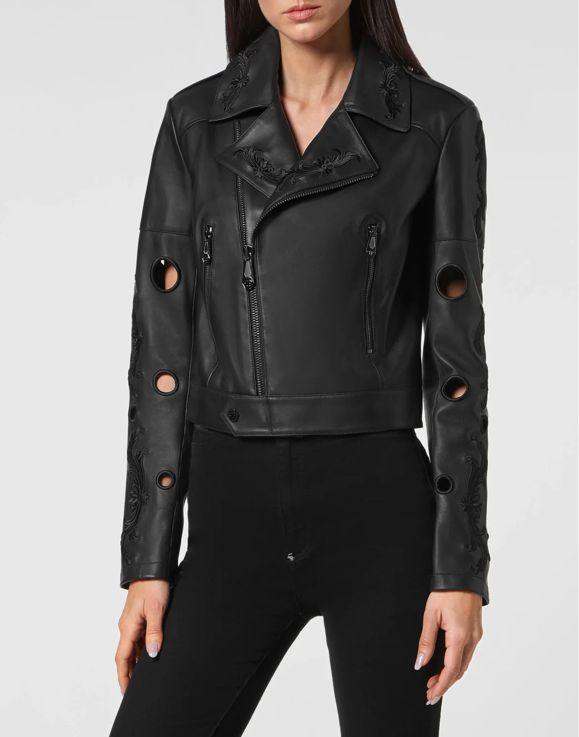 Crop Leather Biker Jacket Baroque, цвет: Черный