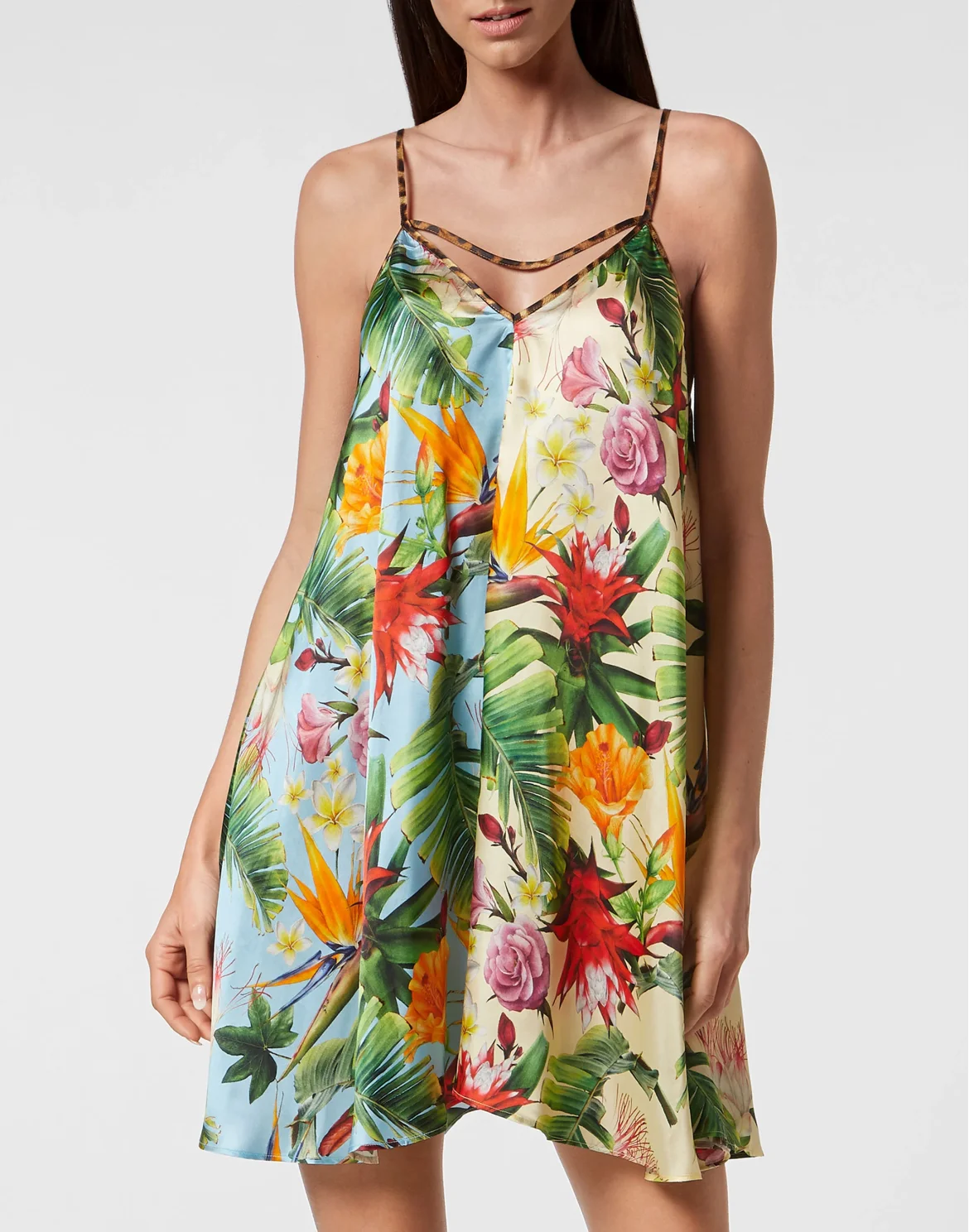 Satin Short Dress Flowers, цвет: Леопард
