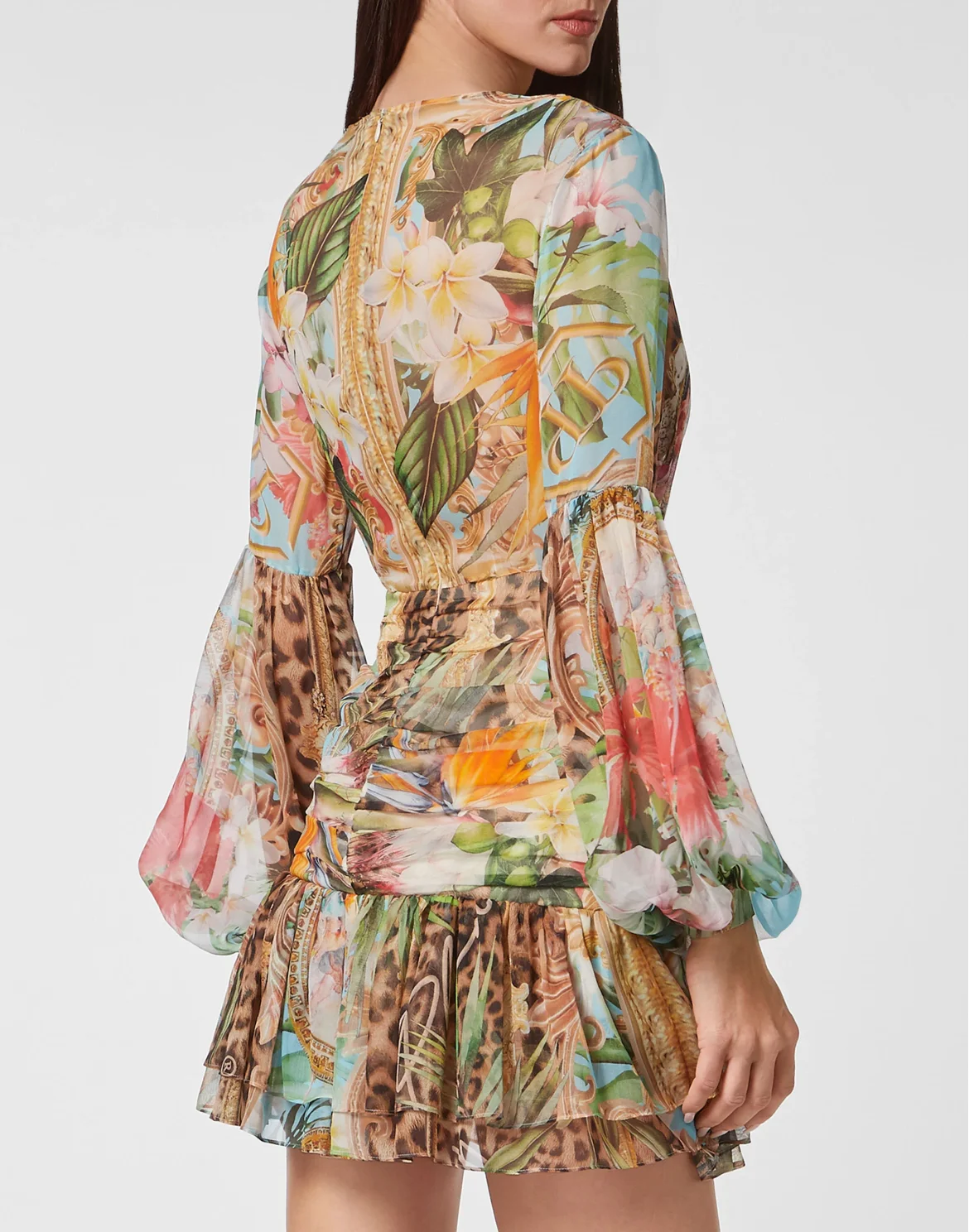 Georgette Short Dress LS Baroque Flowers, цвет: Мультиколор