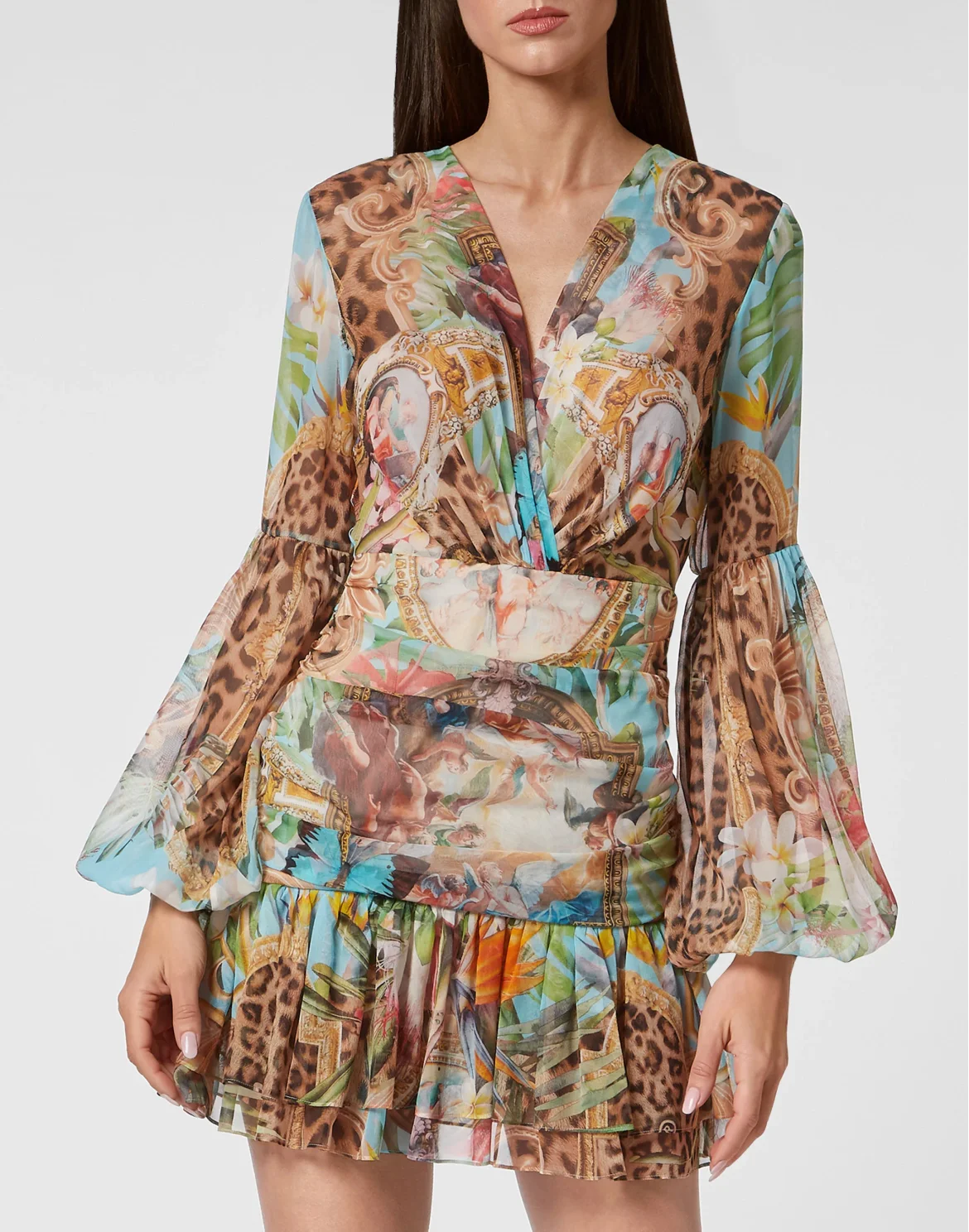 Georgette Short Dress LS Baroque Flowers, цвет: Мультиколор