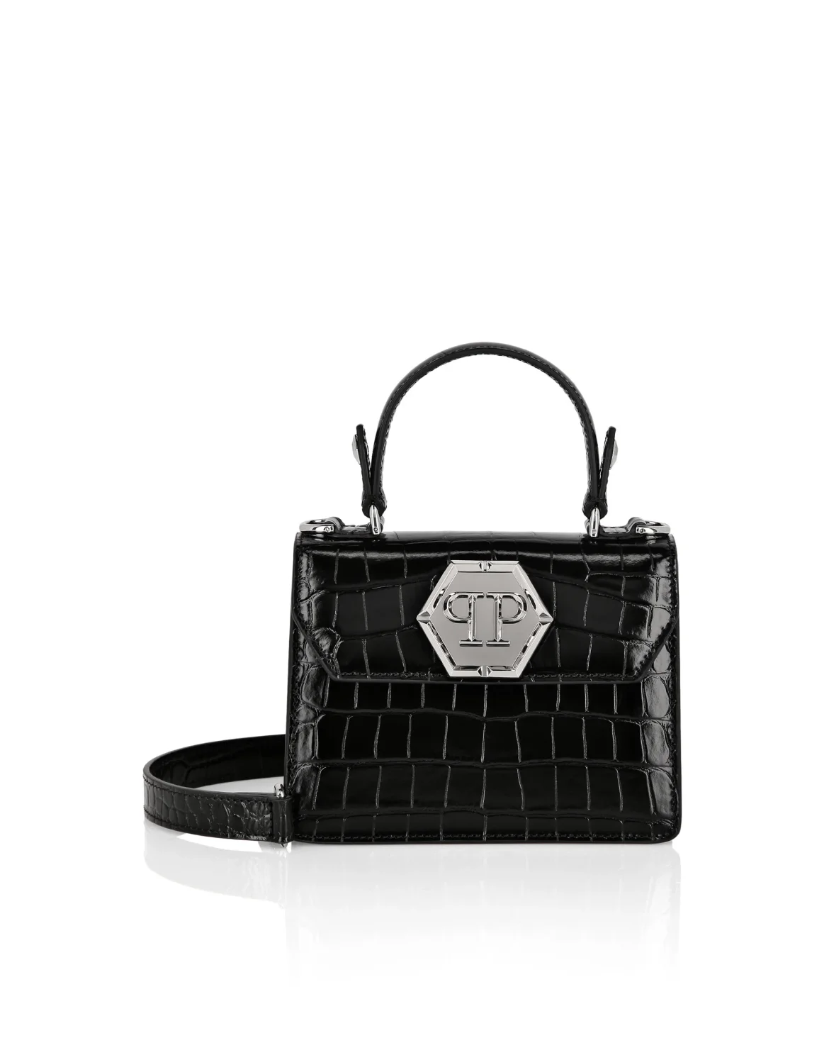 Croco Embossed Superheroin Small Handle bag, цвет: Черный