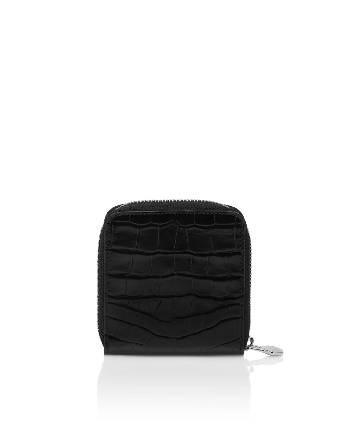 Croco Embossed Mini Round Zip Wallet, цвет: Черный