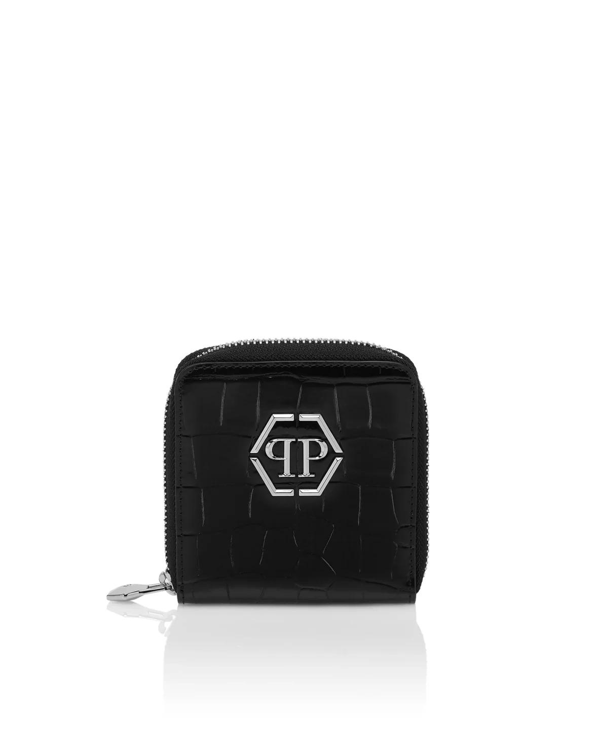 Croco Embossed Mini Round Zip Wallet, цвет: Черный
