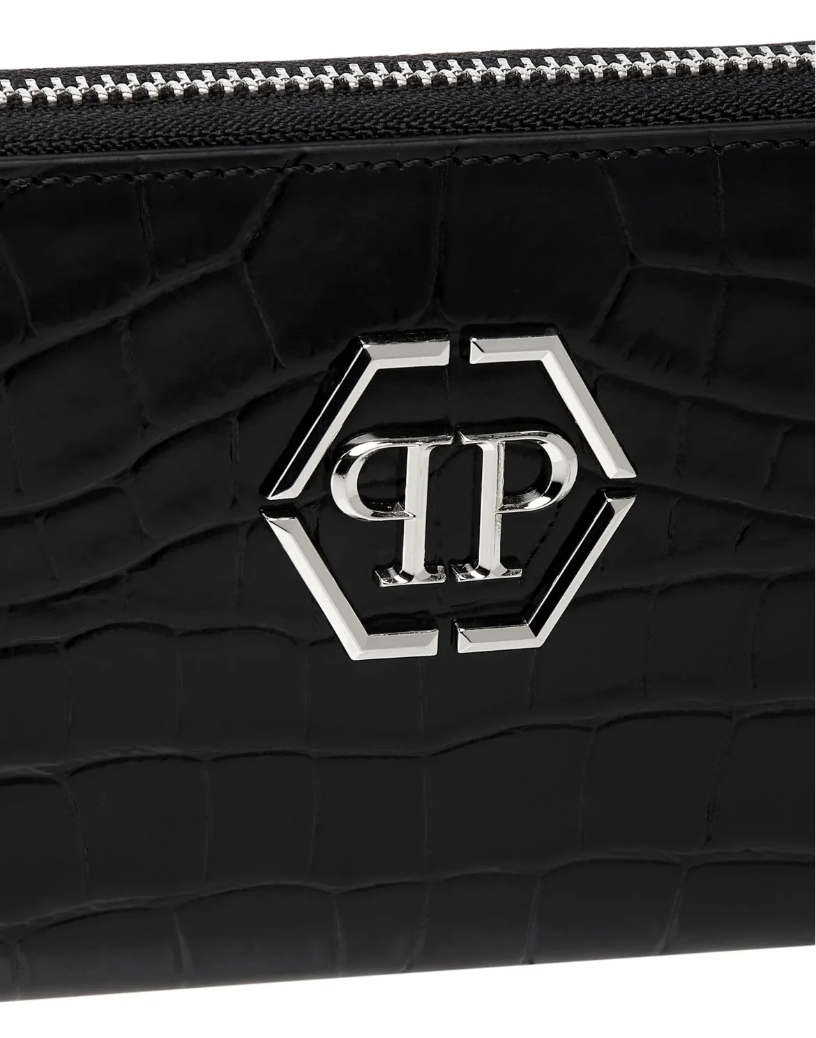 Croco Embossed Round Zip Wallet, цвет: Черный