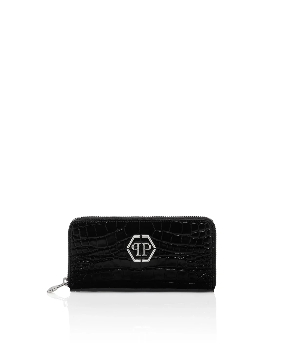 Croco Embossed Round Zip Wallet, цвет: Черный