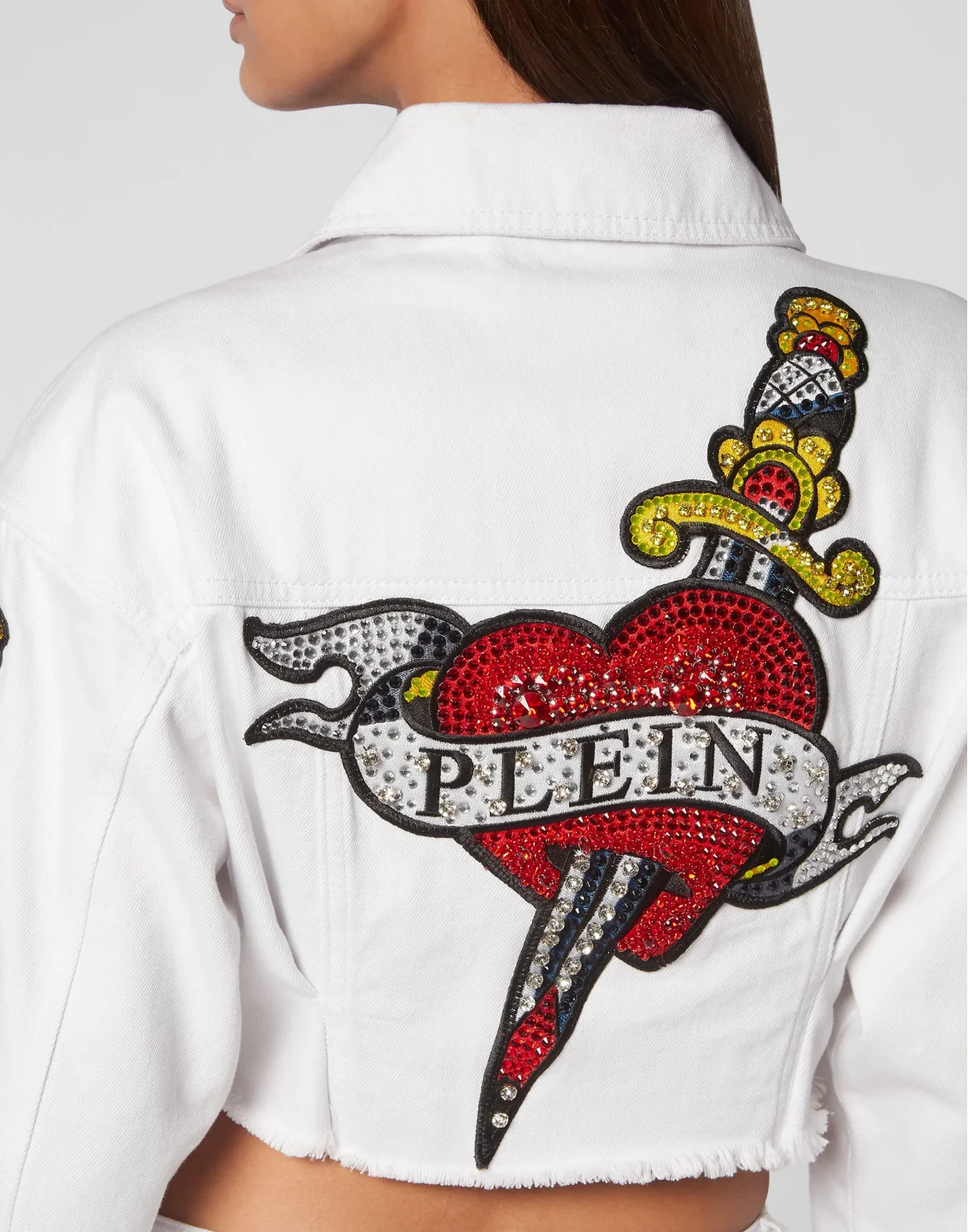 CROPPED DENIM JACKET LOVE CRYSTALS, цвет: Белый