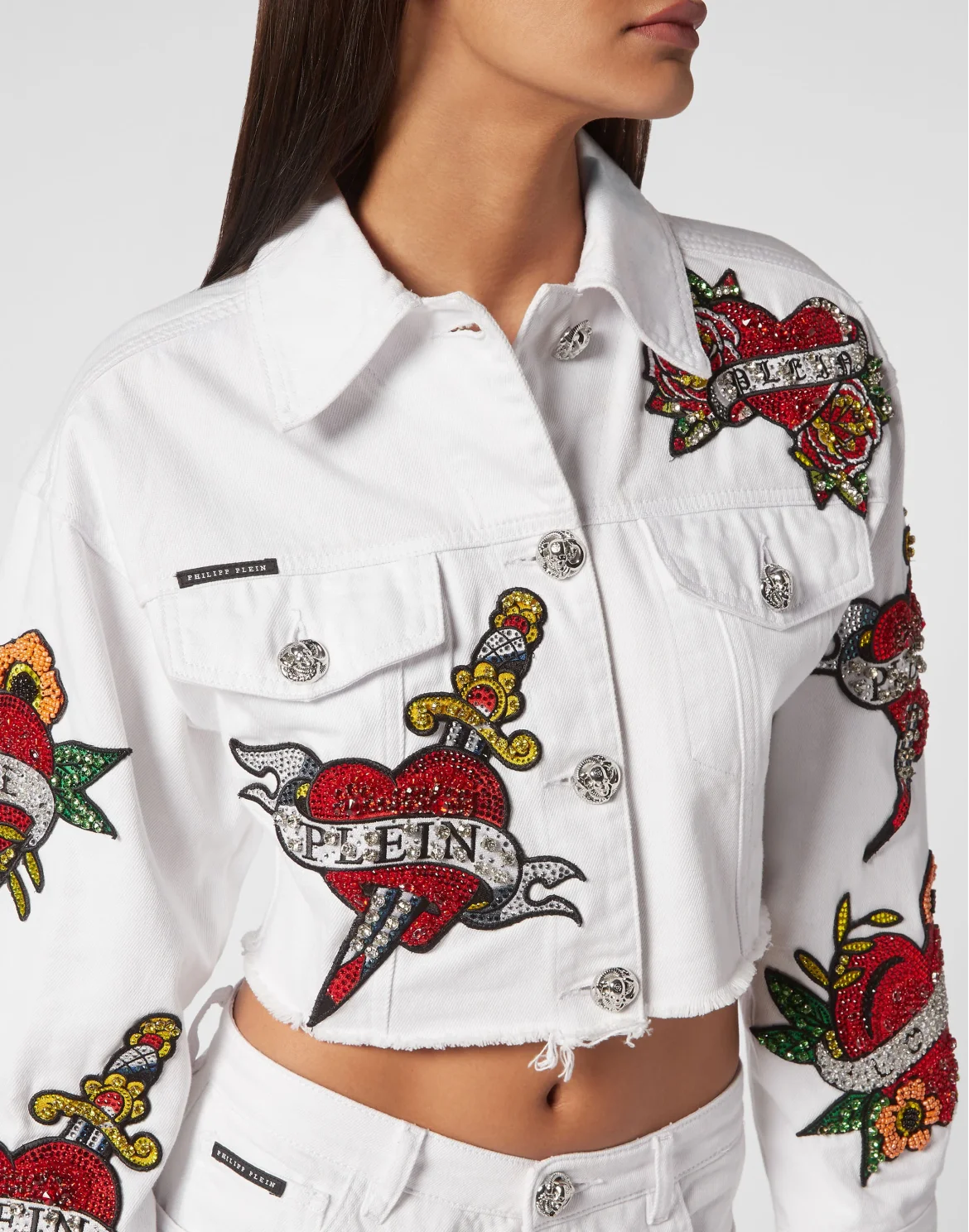CROPPED DENIM JACKET LOVE CRYSTALS, цвет: Белый