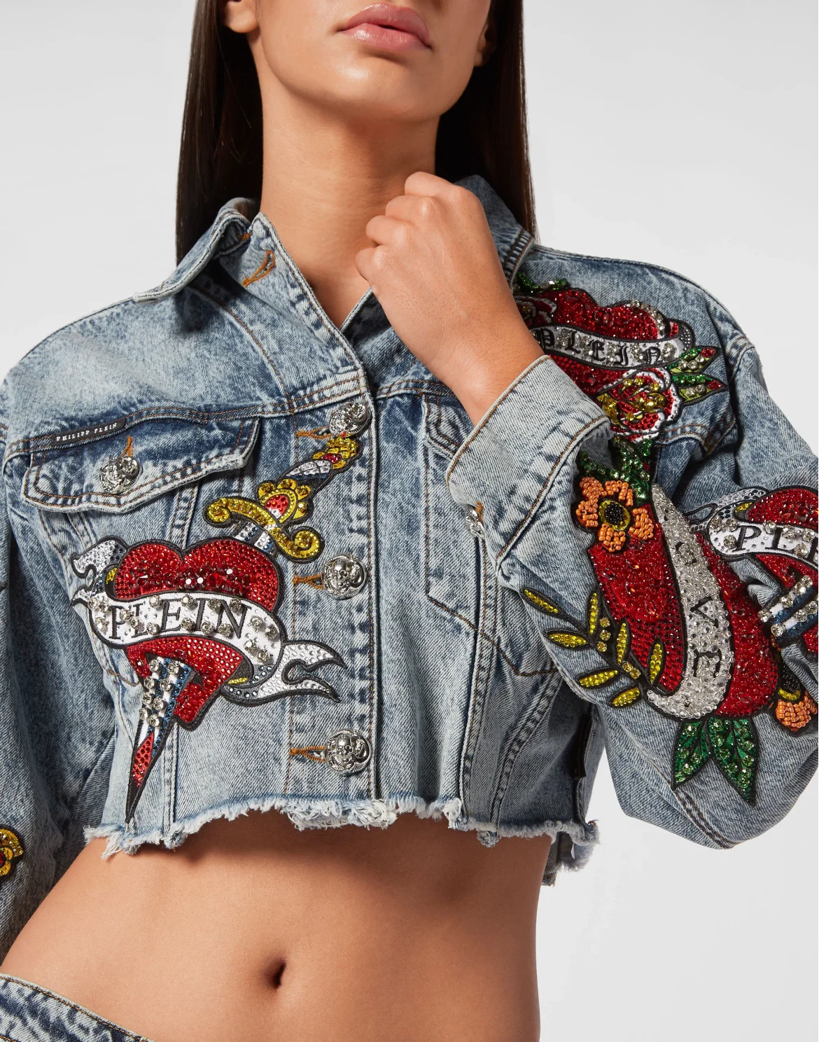 CROPPED DENIM JACKET LOVE CRYSTALS, цвет: Синий