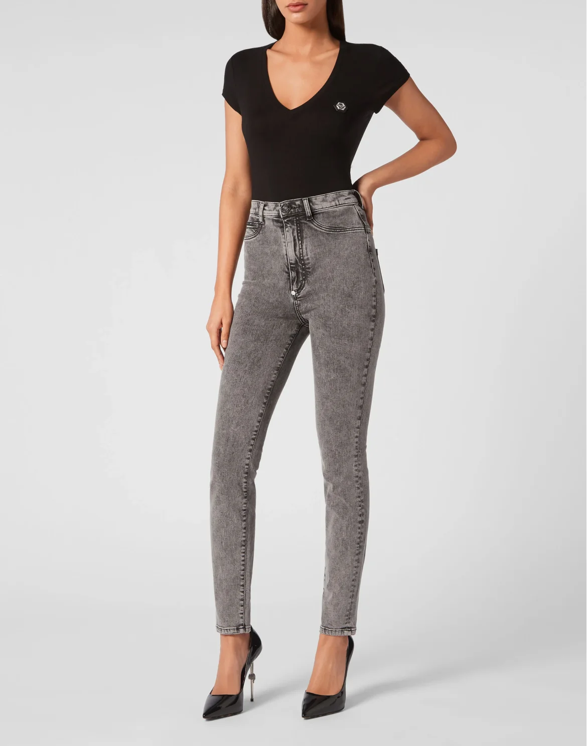 Super High Waist Denim Jeggings, цвет: Серый