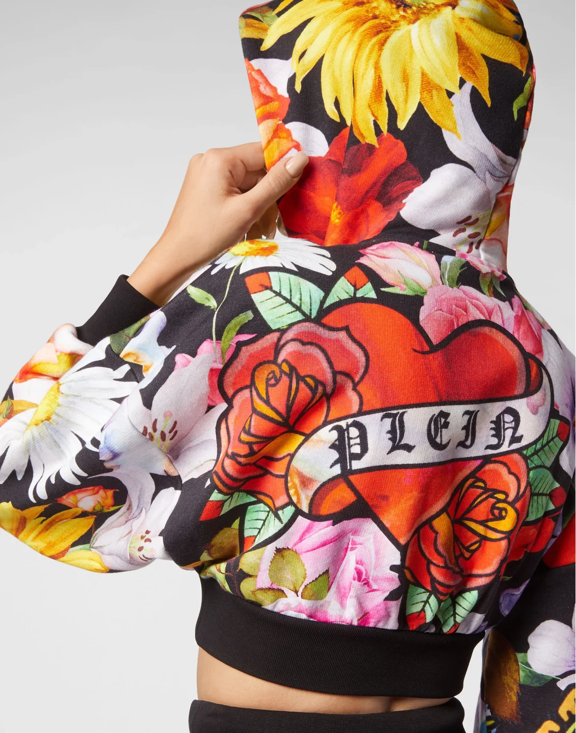 Cropped Hoodie Sweatjacket Love Flowers, цвет: Черный