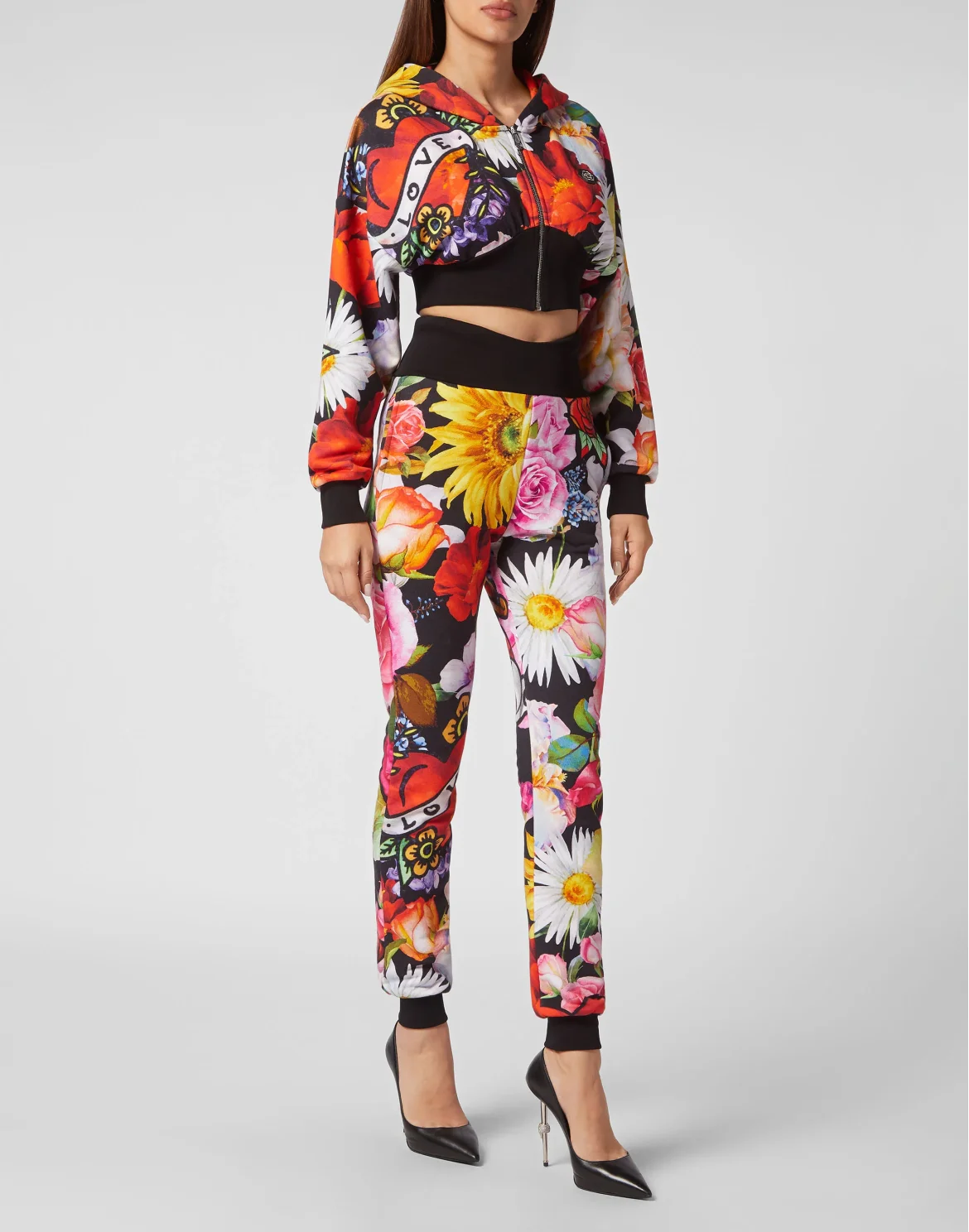Cropped Hoodie Sweatjacket Love Flowers, цвет: Черный