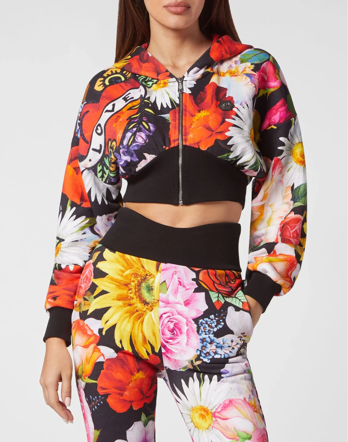 Cropped Hoodie Sweatjacket Love Flowers, цвет: Черный