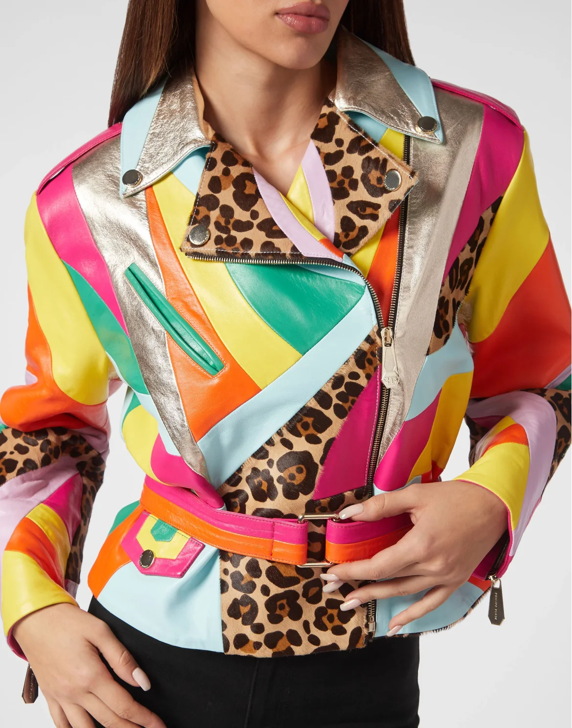 Oversize Biker Leather Jacket Rainbow Patchwork, цвет: Мультиколор