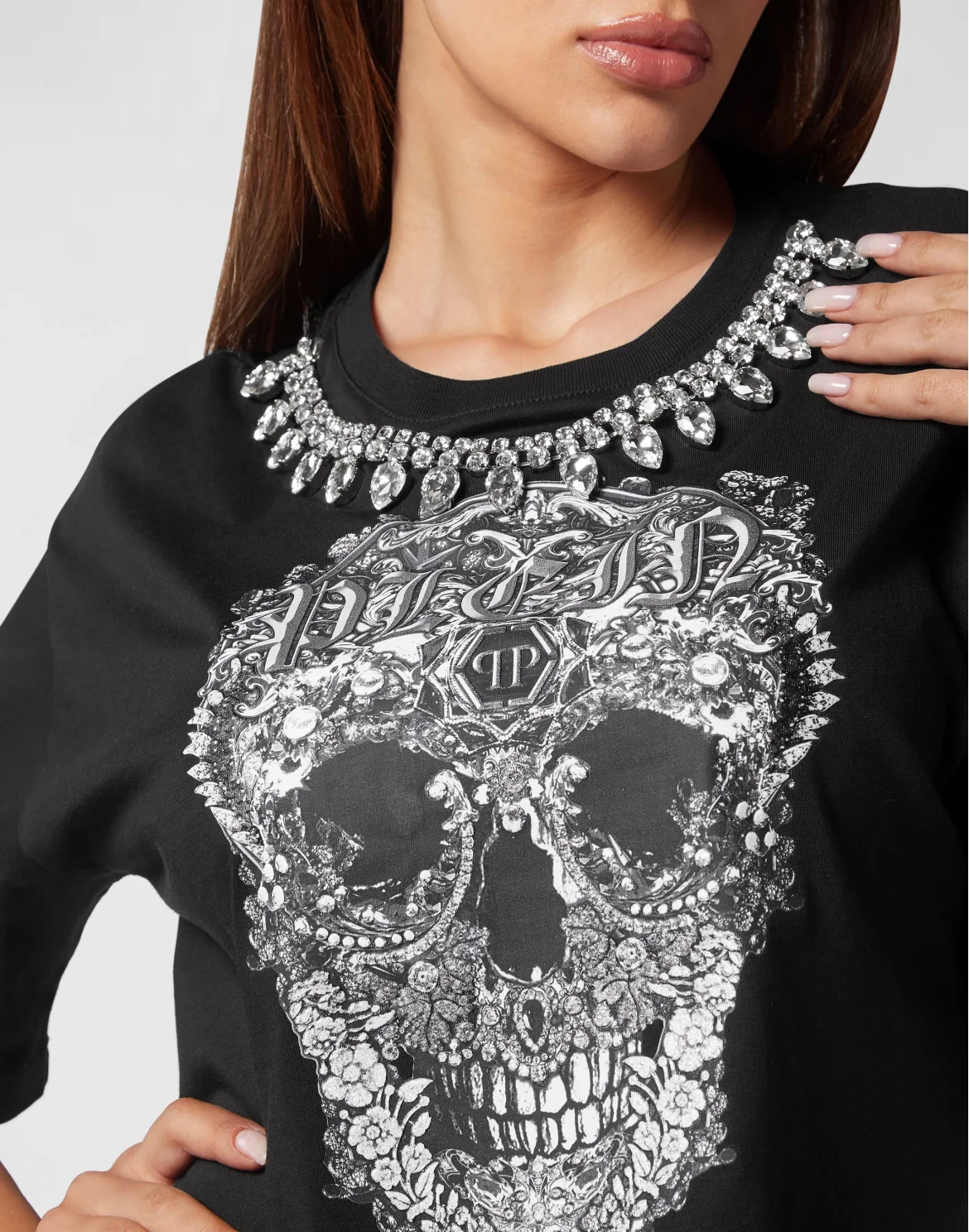 Cropped T-shirt Round Neck Baroque Skull, цвет: Черный