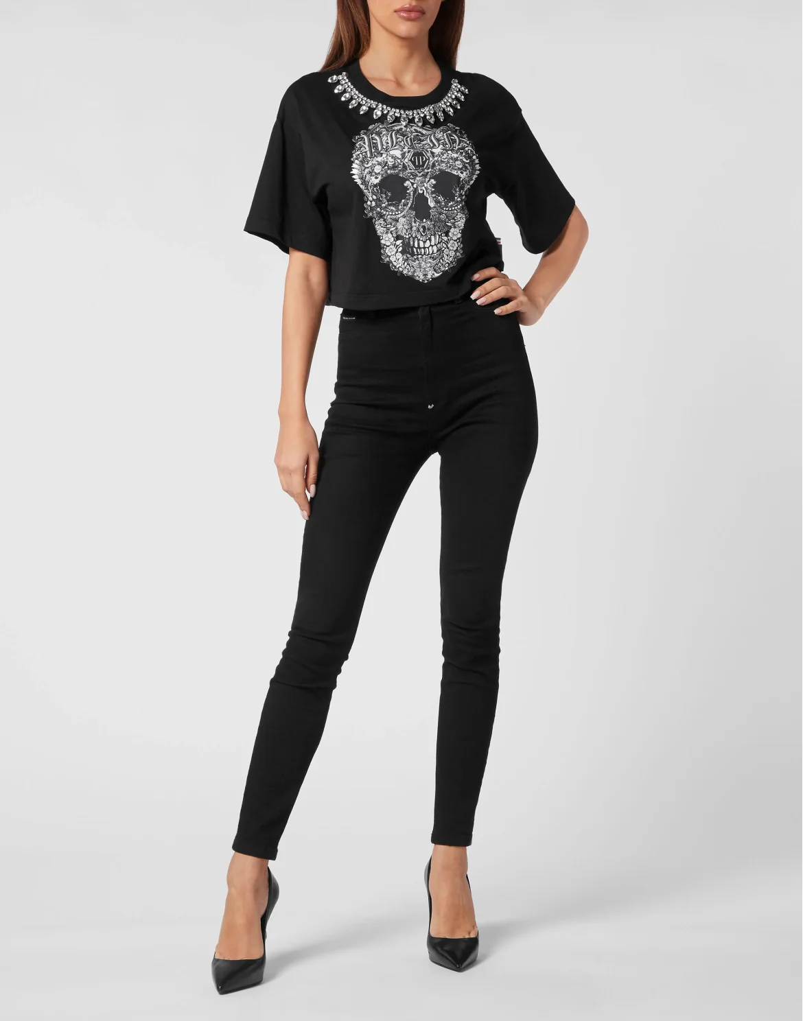 Cropped T-shirt Round Neck Baroque Skull, цвет: Черный