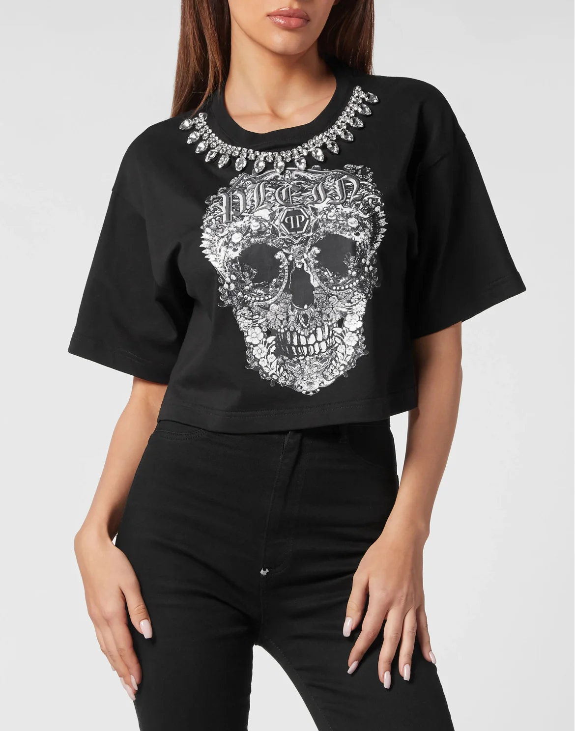 Cropped T-shirt Round Neck Baroque Skull, цвет: Черный