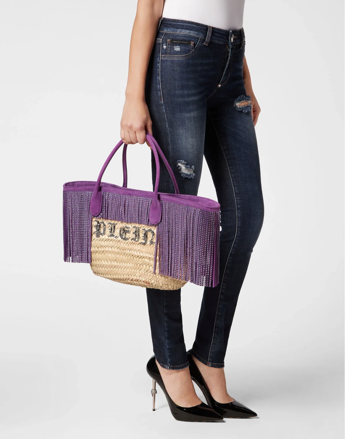 Raffia & Leather Large Handle Bag, цвет: Фиолетовый