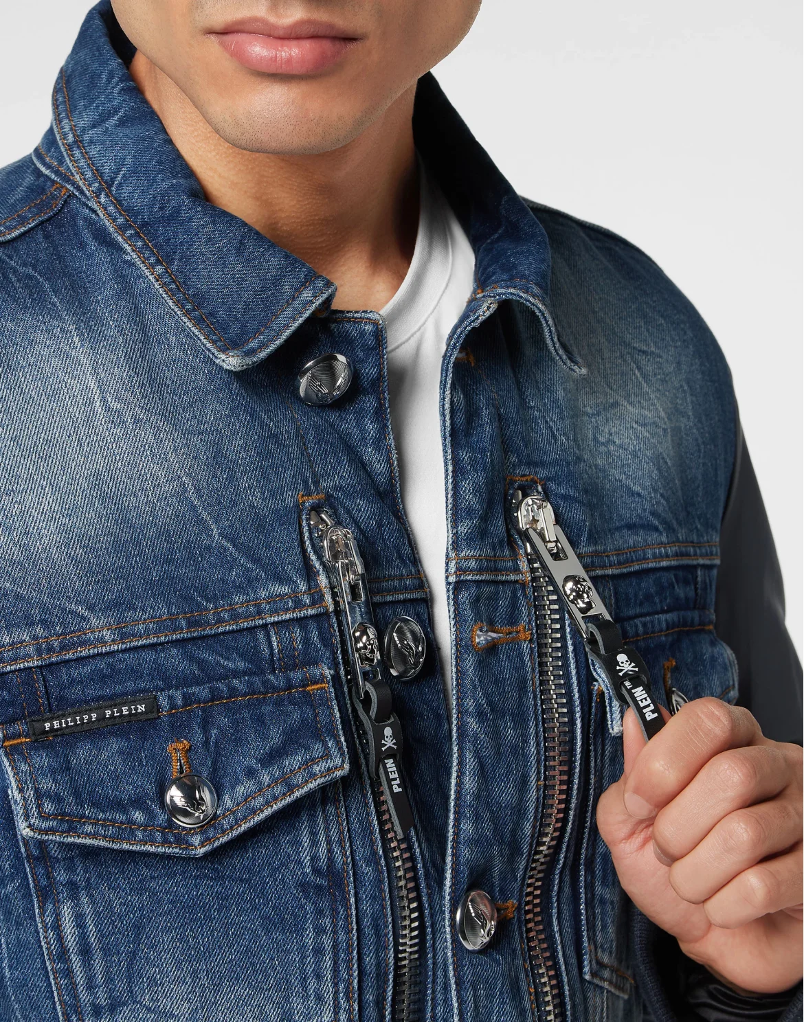 Denim Regular Jacket with Nylon Sleeves Hexagon, цвет: Синий