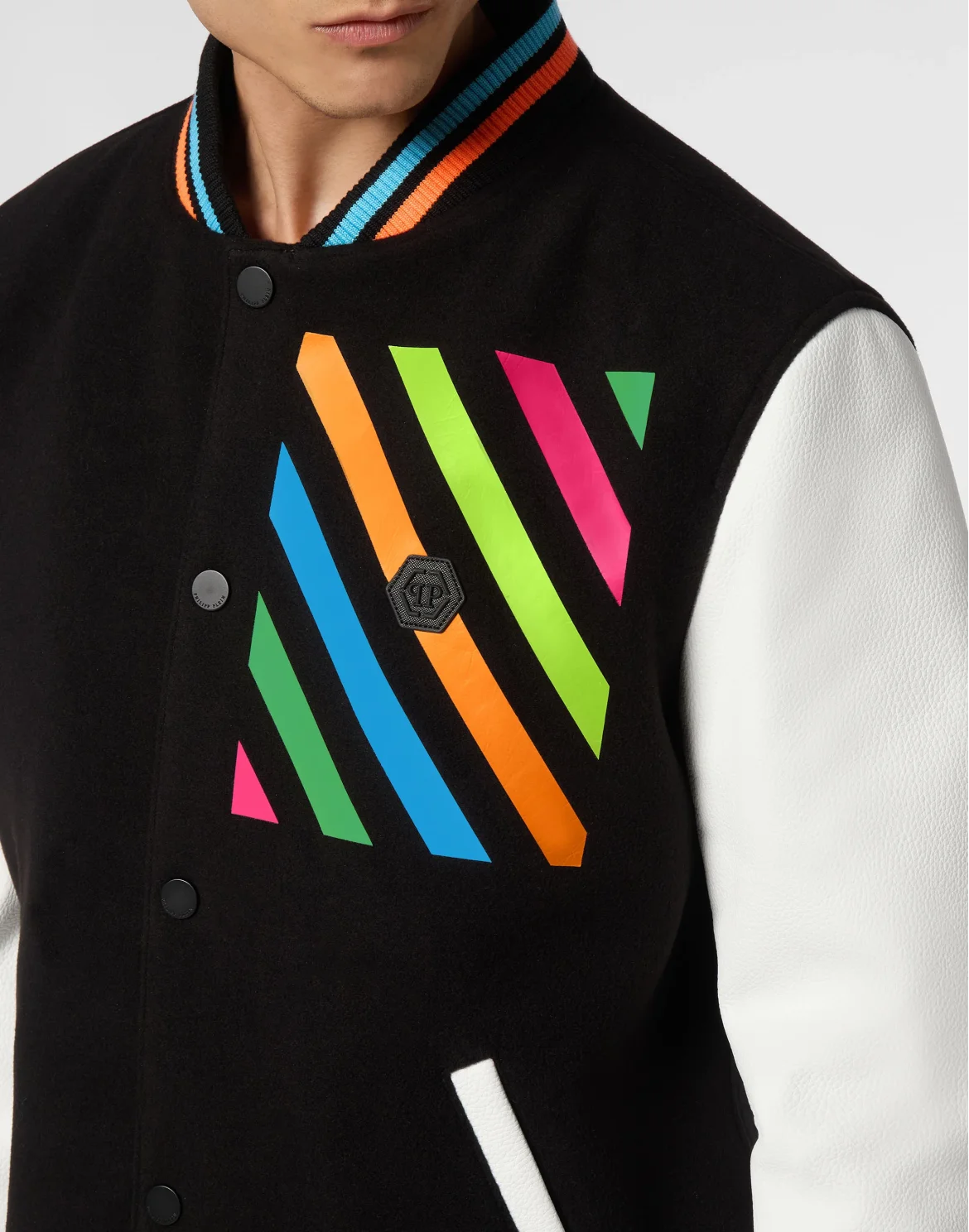 Woolen Cloth College Bomber with Leather Arms Rainbow Stripes, цвет: Черный