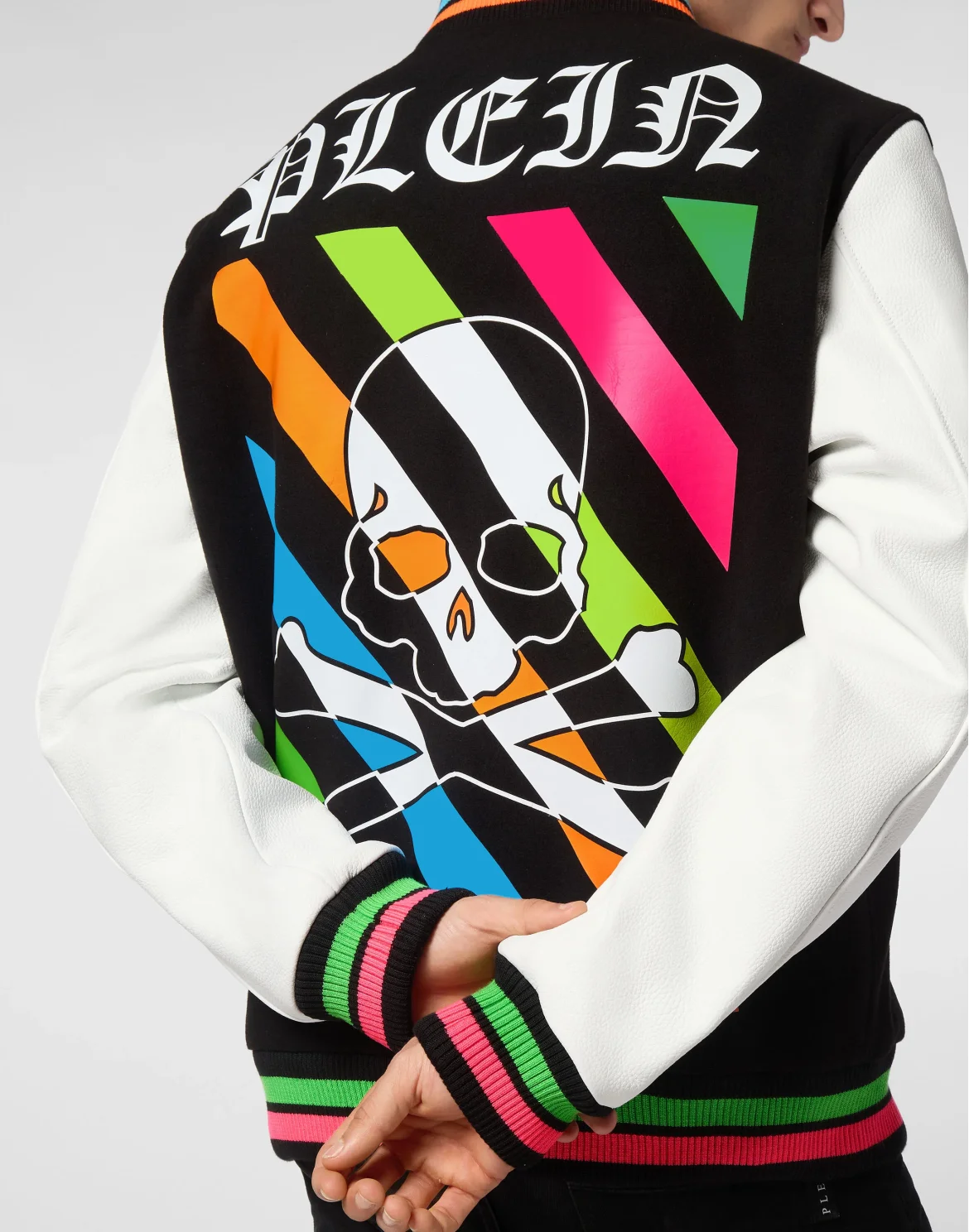 Woolen Cloth College Bomber with Leather Arms Rainbow Stripes, цвет: Черный