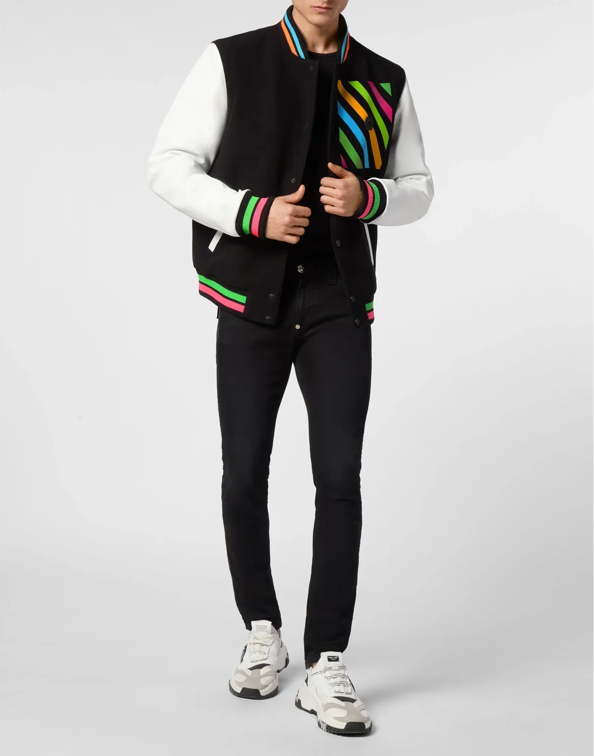 Woolen Cloth College Bomber with Leather Arms Rainbow Stripes, цвет: Черный
