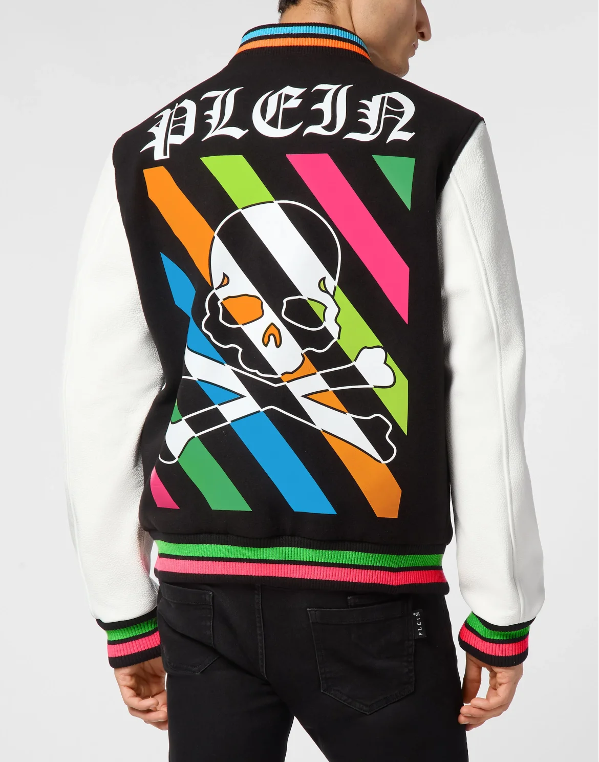 Woolen Cloth College Bomber with Leather Arms Rainbow Stripes, цвет: Черный