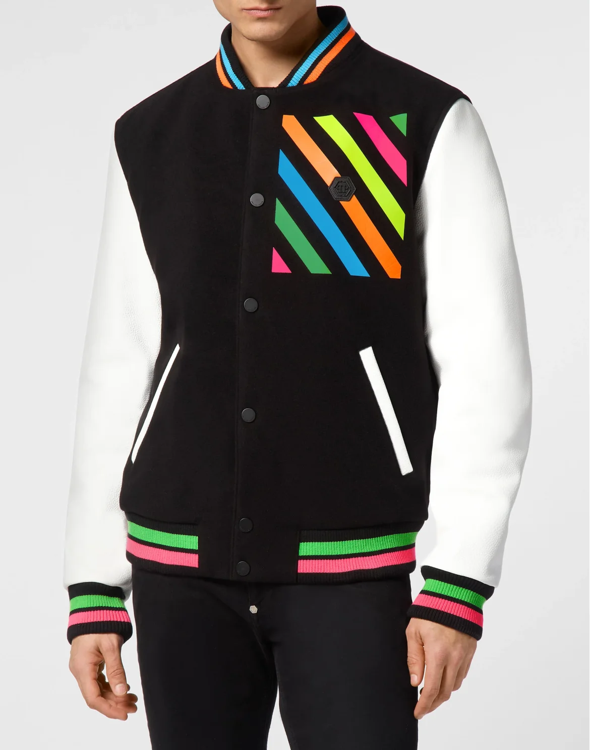Woolen Cloth College Bomber with Leather Arms Rainbow Stripes, цвет: Черный