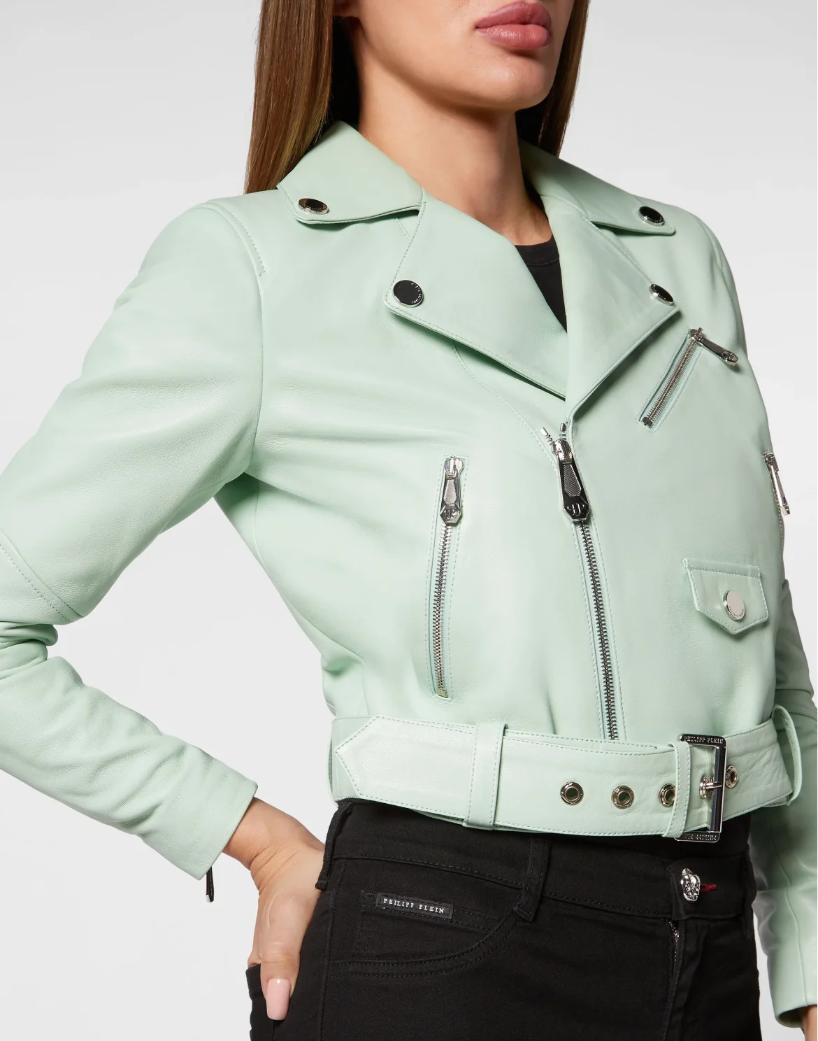 Cropped Boxy Leather Jacket, цвет: Бирюзовый