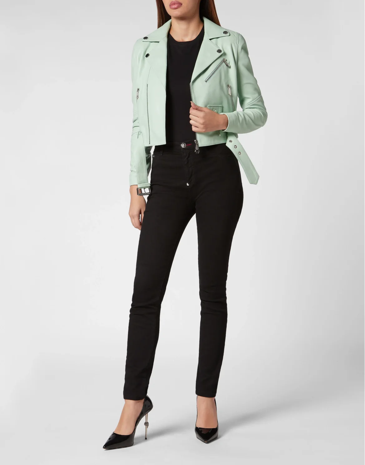 Cropped Boxy Leather Jacket, цвет: Бирюзовый