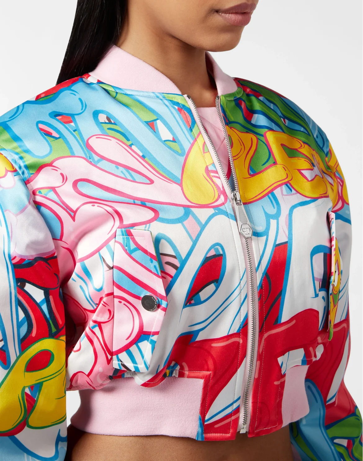 Satin Cropped Bomber Bombing Graffiti, цвет: Мультиколор