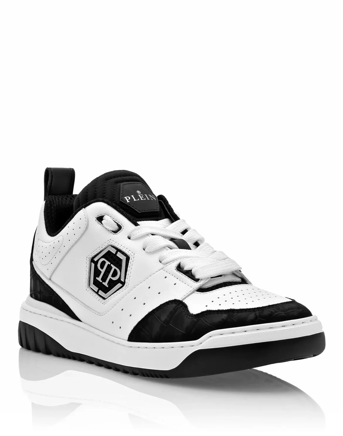Croco Printed Leather Lo-Top Sneakers, цвет: Белый