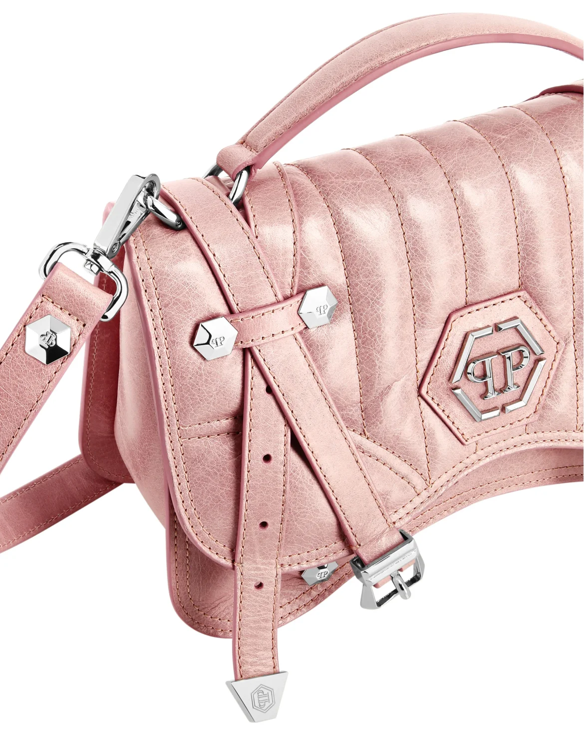 Shiny Crackle Leather Belt Handle Bag Medium Hexagon, цвет: Розовый