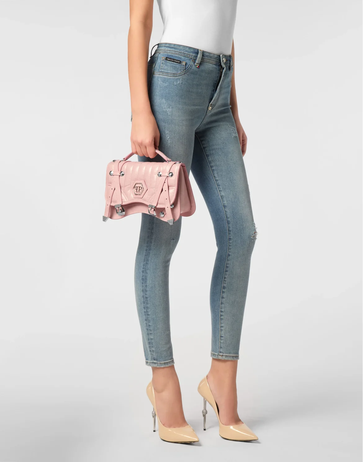 Shiny Crackle Leather Belt Handle Bag Medium Hexagon, цвет: Розовый