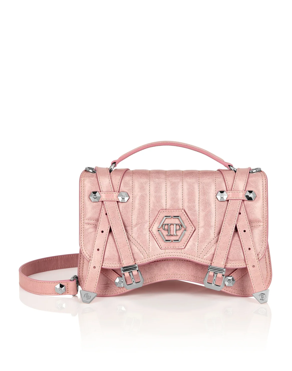 Shiny Crackle Leather Belt Handle Bag Medium Hexagon, цвет: Розовый